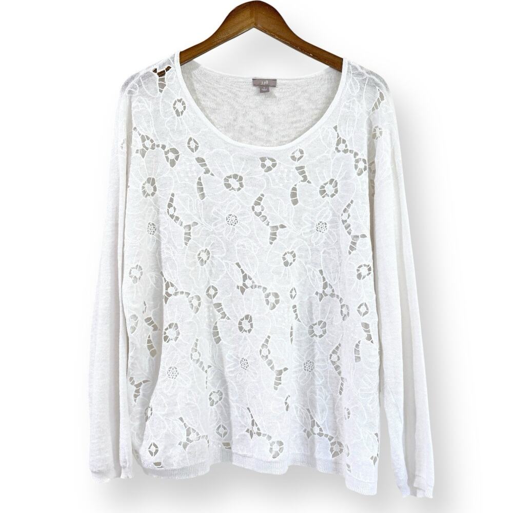 J. Jill White LInen Blend Floral Lace Sweater L Coastal Grandma Crochet Knit Top